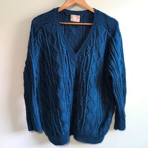 Handknit Artisan V-Neck Cable Knit Oversized Sweater Size XL